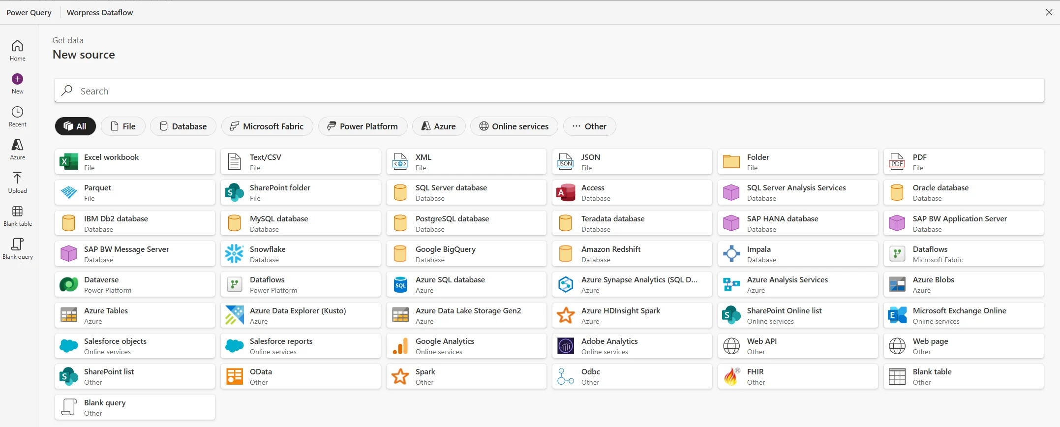 Liste des sources de données disponibles dans Power Query pour un Dataflow PowerApps