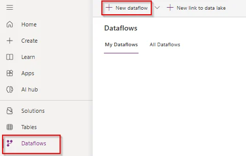 Créer un nouveau Dataflow depuis le menu latéral de Power Apps