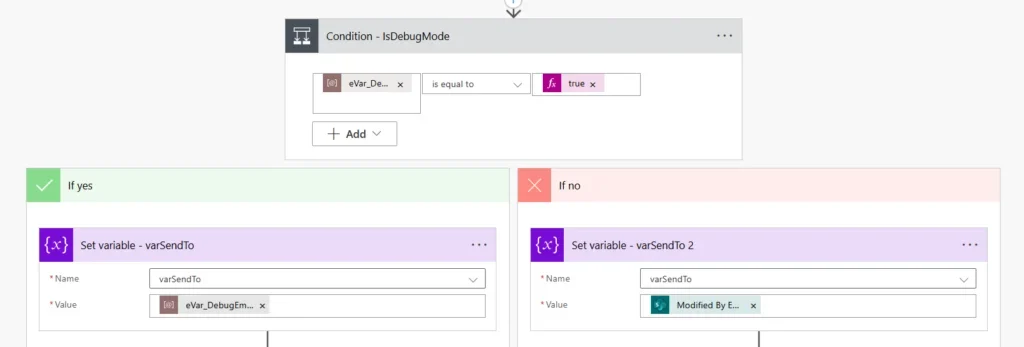 Power Automate condition routing emails to a debug address when debug mode is enabled