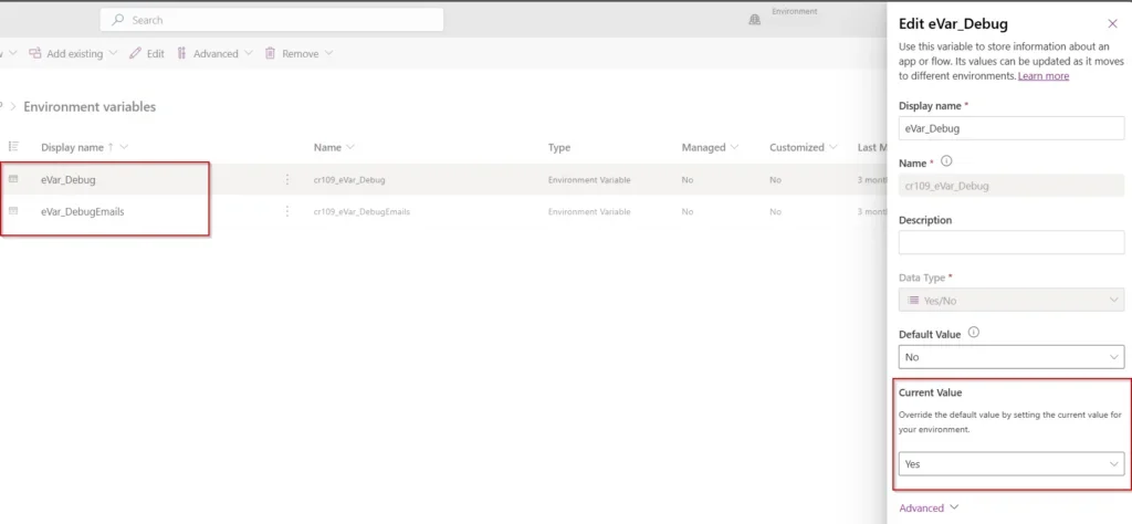Environment variables eVar_Debug and eVar_DebugEmails in a Power Platform solution