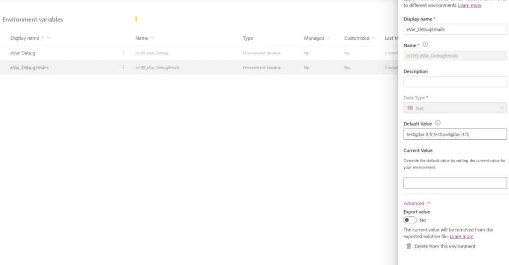 Configuring the eVar_DebugEmails environment variable with a default test address