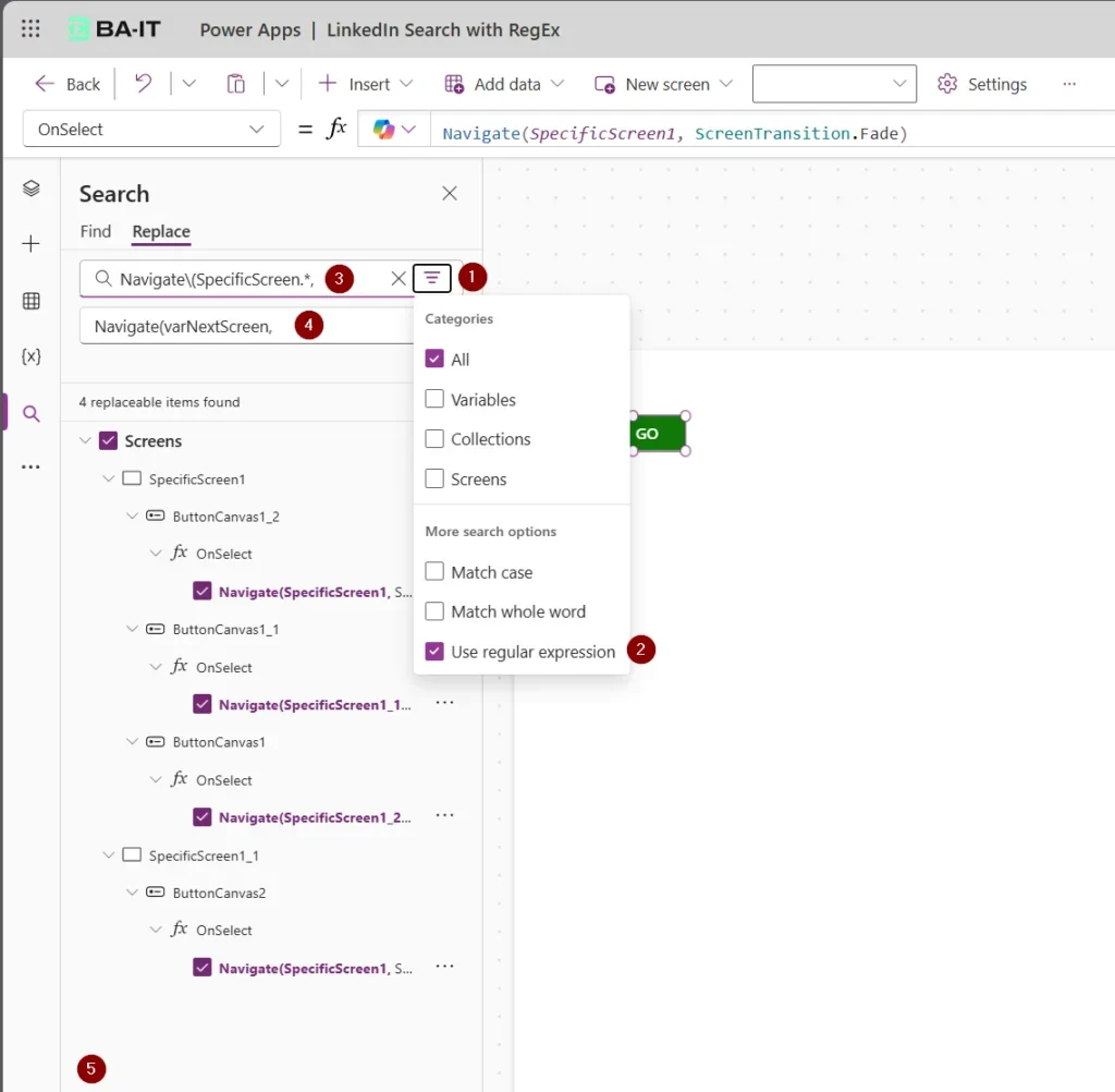 Power Apps Find and Replace panel using a Regex pattern to match Navigate calls
