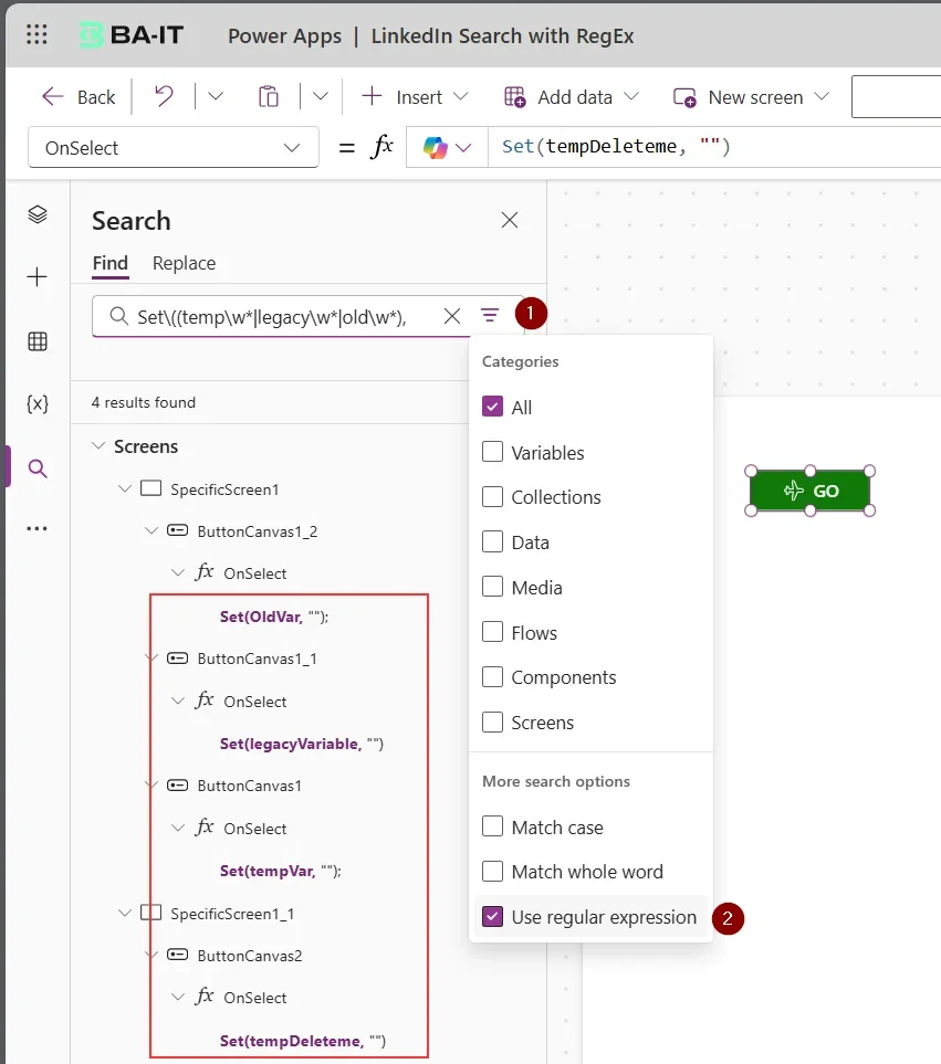 Power Apps search results showing unused variables matched by a Regex pattern