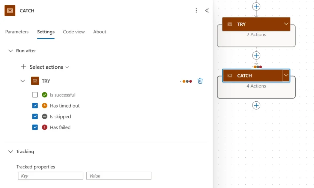 Configuring the Run after settings of the CATCH scope in Power Automate