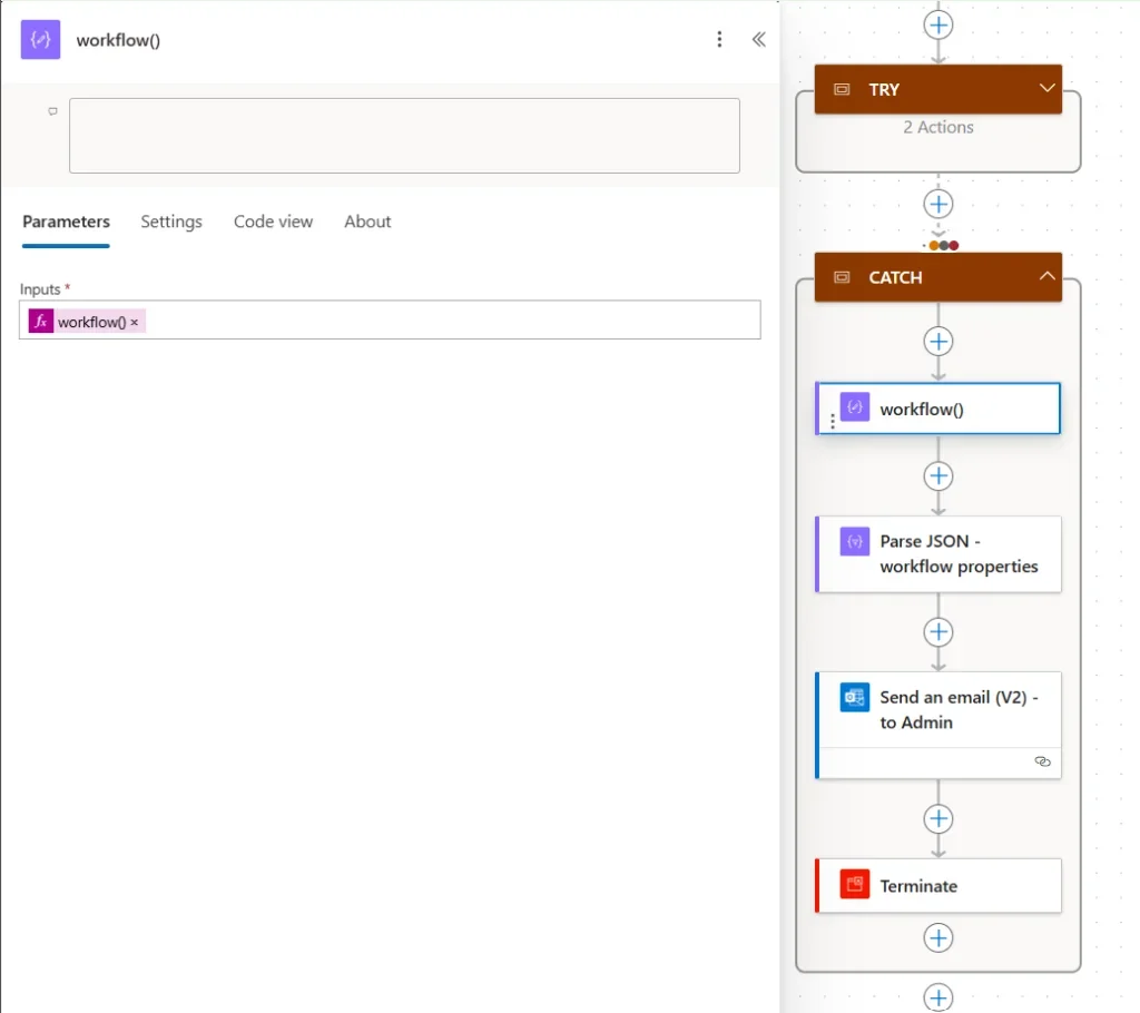 Compose action capturing workflow metadata inside the CATCH scope
