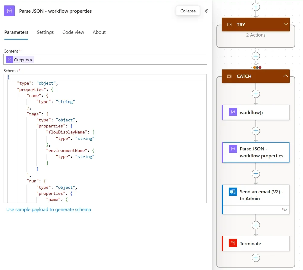 Parse JSON action extracting workflow properties in the CATCH scope