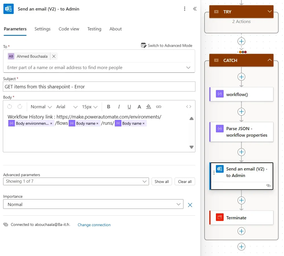 Send an email V2 action notifying admins with the failed run link