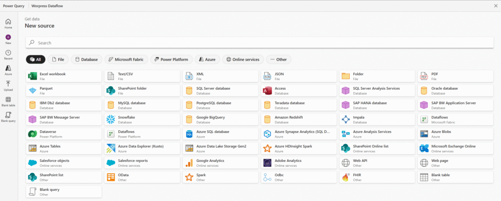 Interface Power Query montrant les options de sources de données disponibles pour créer un Dataflow PowerApps